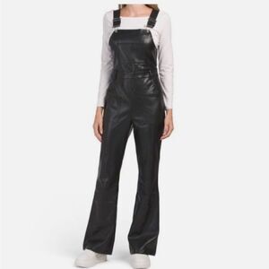 7 For All Mankind Black Faux Leather Flare Jumpsuit Overalls